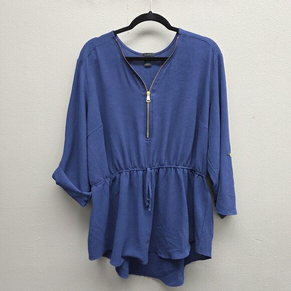 rue+ Shirt Womens 2X Blue Half Zip Tunic Waist Tie Roll Tab Sleeves Hi-Low Hem - Picture 1 of 9